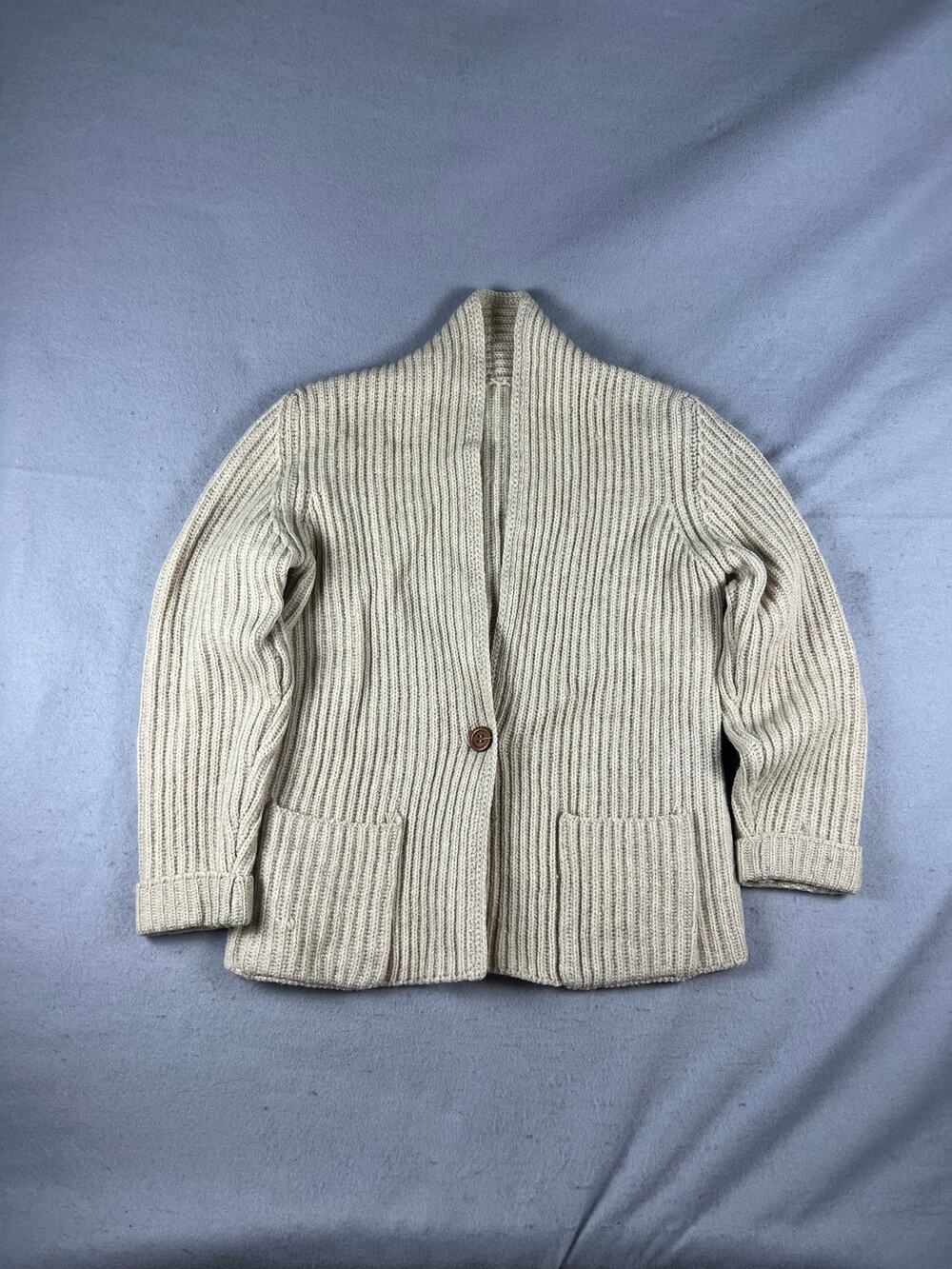 Vintage Cardigan Mens S Cream Shawl Collar Single Button Chunky Knit Ribbed